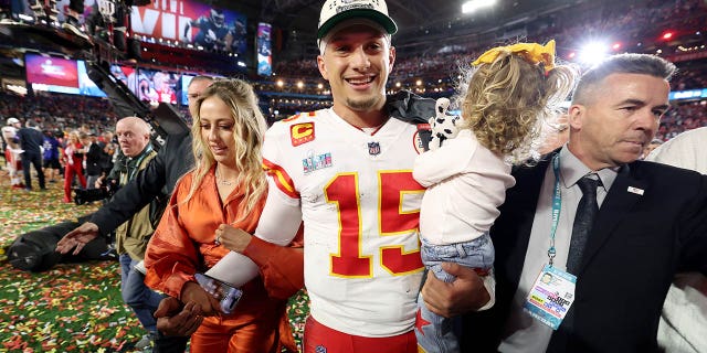 Patrick Mahomes celebrates with his wife Brittany Mahomes and daughter Sterling Skye Mahomes after the Kansas City Chiefs beat the Philadelphia Eagles in Super Bowl LVII at State Farm Stadium on Feb. 12, 2023, in Glendale, Arizona.