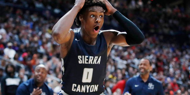 Bronny James, #0 of Sierra Canyon High School, reacts during the Ohio Scholastic Play-By-Play Classic against St. Vincent-St. Mary High School at Nationwide Arena on Dec. 14, 2019 in Columbus, Ohio.