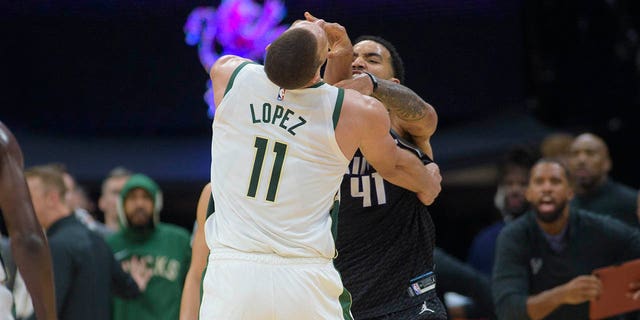 Milwaukee Bucks center Brook Lopez, #11, and Sacramento Kings forward Trey Lyles were both ejected after the scuffle Sacramento, California, Monday, March 13, 2023.
