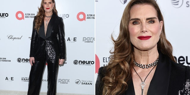 Brooke Shields walked the red carpet at the Elton John Aids Foundation Oscars watch party wearing a black pantsuit with a plundging neckline.