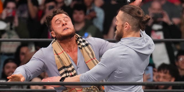 AEW Champion Maxwell Jacob Friedman, left, and Bryan Danielson during AEW Dynamite at the Footprint Center in Phoenix on February 22, 2023.