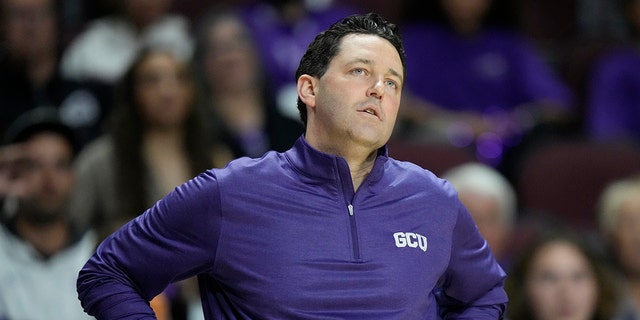 Grand Canyon Antelopes head coach Bryce Drew looks on during the game against the Sam Houston Bearkats at the Orleans Arena on March 10, 2023 in Las Vegas.