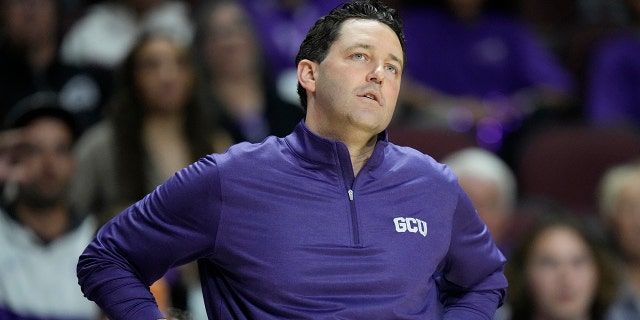 Grand Canyon Antelopes head coach Bryce Drew looks on during the game against the Sam Houston Bearkats at the Orleans Arena on March 10, 2023 in Las Vegas.