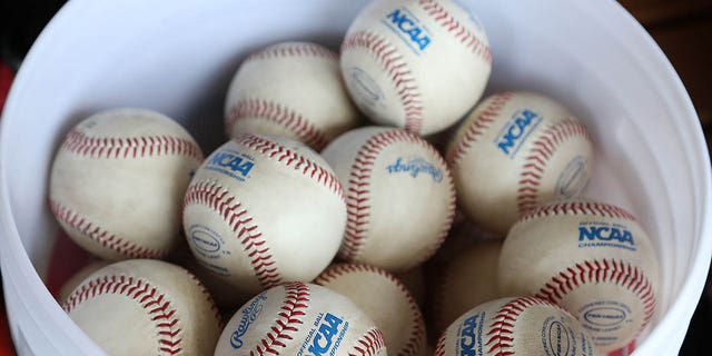 A bucket of NCAA tournament baseballs during a game between the West Virginia Mountaineers and Maryland Terrapins June 4, 2017, at David F. Couch Ballpark in Winston-Salem, N.C.