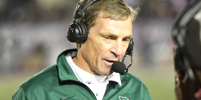 Dartmouth Big Green head coach Buddy Teevens looks on during the game between the Penn Quakers and the Dartmouth Big Green on October 4, 2019 at Franklin Field in Philadelphia, Pennsylvania.