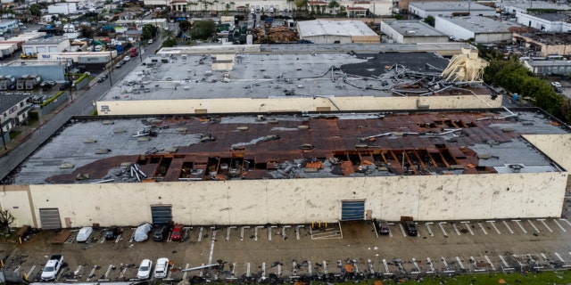 Damage to a building is seen on Wednesday, March 22, 2023, in Montebello, California, after a possible tornado.