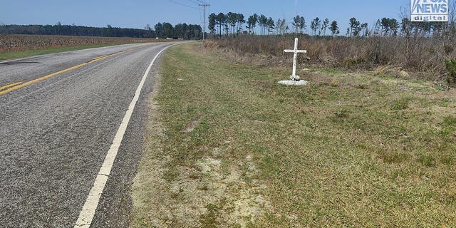A cross marks the spot where Stephen Smith was found dead in Hampton County, South Carolina, Feb. 28, 2023. The body of 19-year-old Smith was found there in 2015.