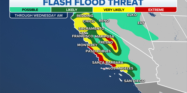 The threat of flash floods in California through Wednesday morning