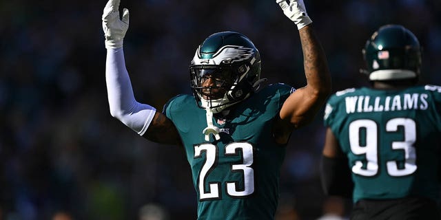 Philadelphia Eagles Safety C.J. Gardner-Johnson, #23, reacts to the crowd in the second quarter during the game between the Pittsburgh Steelers and Philadelphia Eagles on Oct. 30, 2022 at Lincoln Financial Field in Philadelphia.