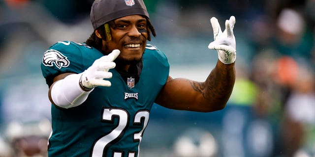 CJ Gardner-Johnson, number 23 of the Philadelphia Eagles, runs onto the field before the NFL NFC Championship game against the San Francisco 49ers at Lincoln Financial Field on January 29, 2023 in Philadelphia.