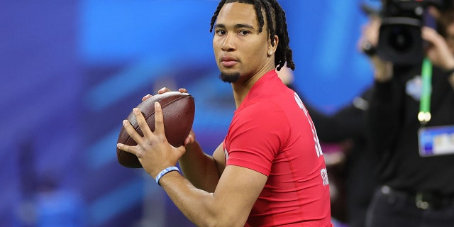 Ohio State's CJ Stroud participates in a drill during the NFL Combine at Lucas Oil Stadium on March 4, 2023 in Indianapolis, Indiana.