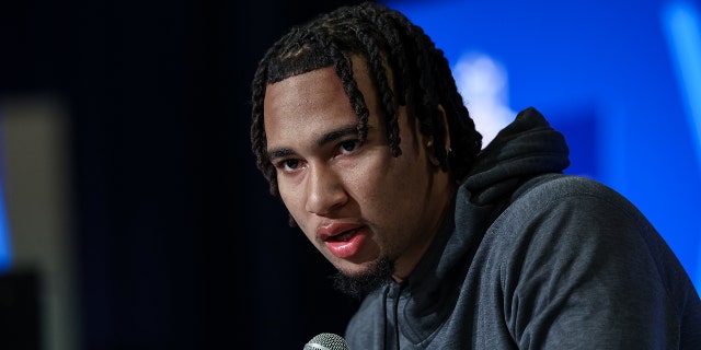 Quarterback CJ Stroud of Ohio State speaks to the media during the NFL Combine at Lucas Oil Stadium on March 3, 2023 in Indianapolis, Indiana.