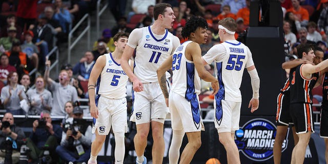 Ryan Kalkbrenner #11 of the Creighton Bluejays reacts during the first half in the Sweet 16 round of the NCAA Men's Basketball Tournament against the Princeton Tigers at KFC YUM! Center on March 24, 2023, in Louisville, Kentucky.