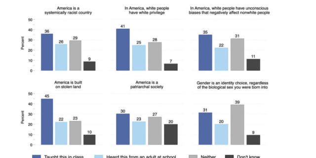 To estimate the prevalence of student exposure to CSJ ideas, the Manhattan Institute asked, "Thinking about the school you attended, were you ever taught any of the following concepts in class or did you hear them from adults in the school you attended?"