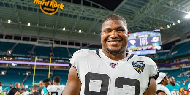 Calais Campbell (93) of the Jacksonville Jaguars after a preseason game against the Miami Dolphins at Hard Rock Stadium on August 22, 2019 in Miami, Florida.