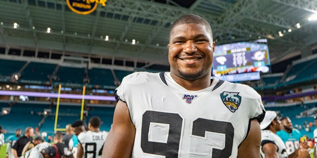 Calais Campbell (93) of the Jacksonville Jaguars after a preseason game against the Miami Dolphins at Hard Rock Stadium Aug. 22, 2019, in Miami, Fla.