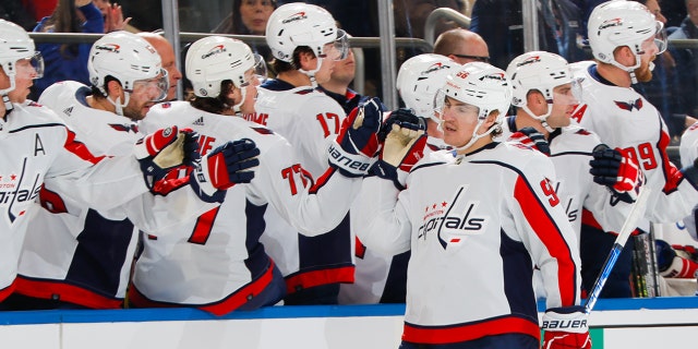 Nicolas Aube-Kubel #96 of the Washington Capitals celebrates after scoring a goal in the first period against the New York Rangers at Madison Square Garden on March 14, 2023 in New York City.