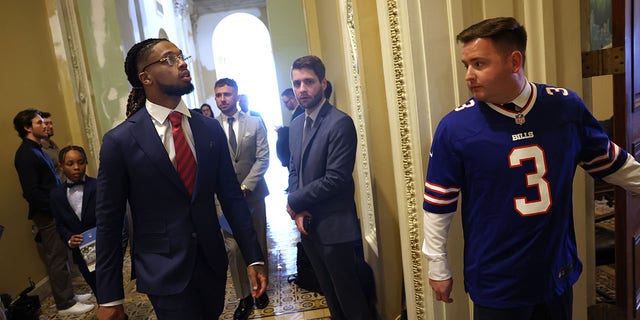 Buffalo Bills security Damar Hamlin walks through the US Capitol before an event with lawmakers to introduce the AED Access Act on March 29, 2023 in Washington, DC