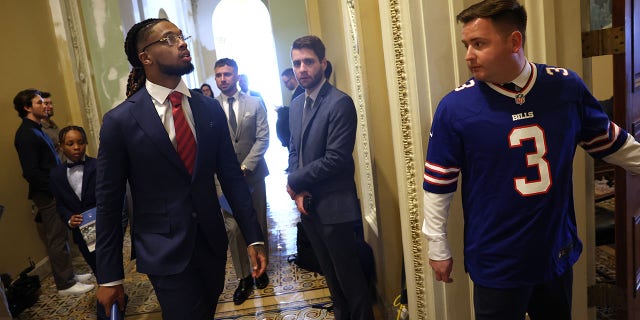 Buffalo Bills security Damar Hamlin walks through the US Capitol before an event with lawmakers to introduce the AED Access Act on March 29, 2023 in Washington, DC