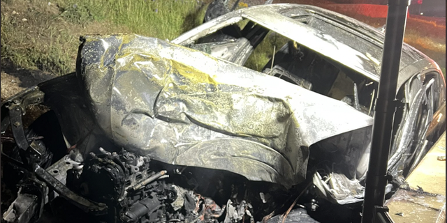 Aftermath of a burning car that was in an accident in Austin, Texas on March 5, 2023