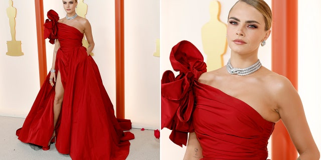 Cara Delevingne wore a stunning red gown with a massive bow.