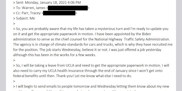 NHTSA acting Administrator Ann Carlson informs UCLA Law colleagues on Jan. 18, 2021, that she was appointed to serve in the Biden administration.