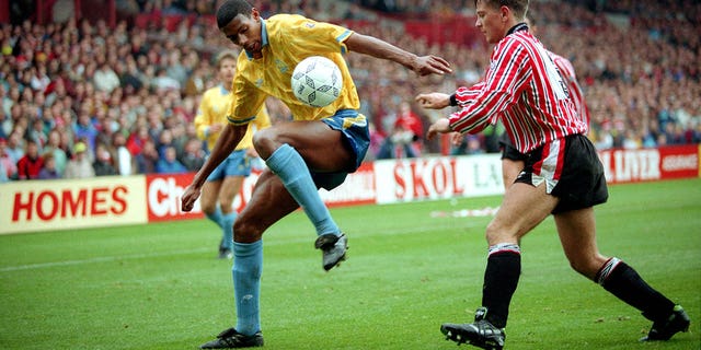 Carlton Palmer, left, comes under pressure from Tom Cowan.