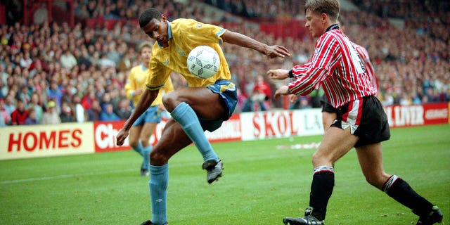 Carlton Palmer, left, comes under pressure from Tom Cowan.