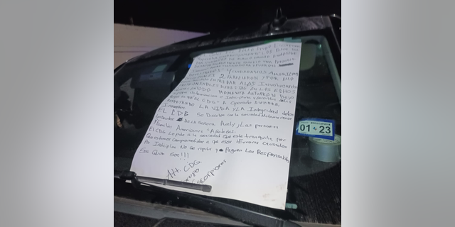Note allegedly left by the Gulf Cartel for Mexican authorities apologizing for the actions of certain members they believe were responsible for the kidnapping and murder of Americans last week. 