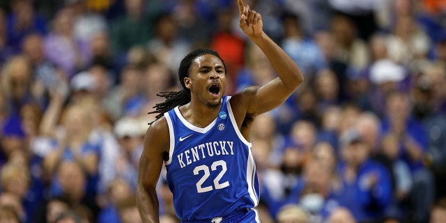 Cason Wallace #22 of nan Kentucky Wildcats reacts during nan 2nd half against nan Kansas State Wildcats successful nan 2nd information of nan NCAA Men's Basketball Tournament astatine The Fieldhouse astatine Greensboro Coliseum connected March 19, 2023 successful Greensboro, North Carolina.