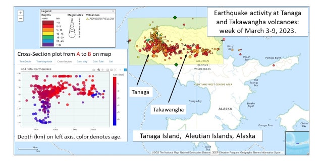 A figure showing recent earthquake activity under Tanaga Island.