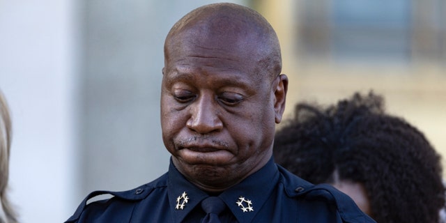 Chief John Drake of the Metro Nashville Police Department pauses during a vigil held for victims of The Covenant School shooting on Wednesday, March 29, 2023, in Nashville, Tennessee.