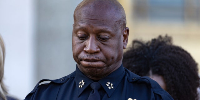 Chief John Drake of the Metro Nashville Police Department pauses during a vigil held for victims of The Covenant School shooting on March 29, 2023.