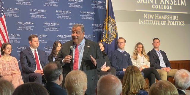 Former New Jersey Governor Chris Christie, the 2016 Republican presidential candidate who is considering another run for the White House, addresses a New Hampshire town hall at Saint Anselm College, on March 27, 2023, in Josephstown, New Hampshire.