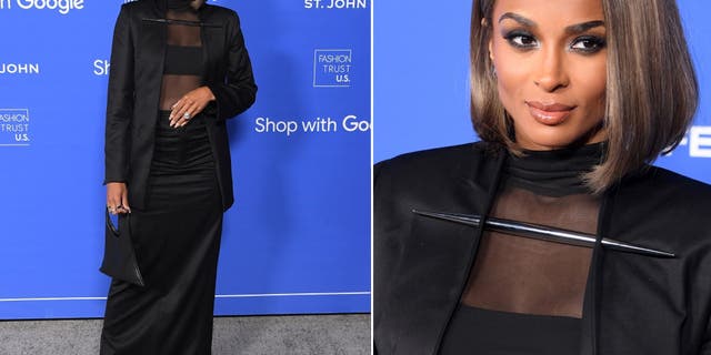 Ciara in a black ensemble with sheer and covered up elements.