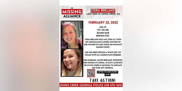 A missing person flyer for Ciera Breland. She was last seen leaving her mother-in-law's house with her husband and son on Feb. 24, 2022 in Johns Creek, GA.