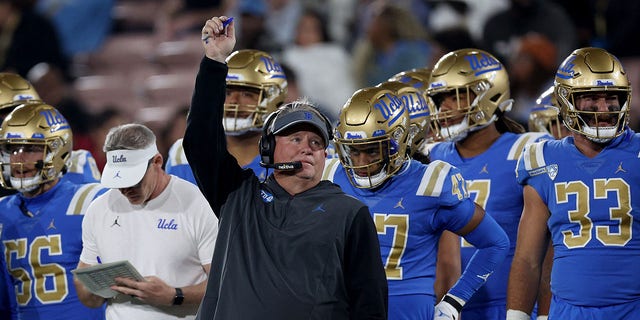 UCLA Bruins head coach Chip Kelly reacts against the USC Trojans during the second quarter in a game at the Rose Bowl on November 19, 2022 in Pasadena, California. 