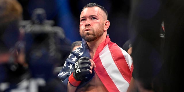 Colby Covington reacts after being called the winner over Jorge Masvidal during UFC 272 at T-Mobile Arena on March 5, 2022, in Las Vegas.