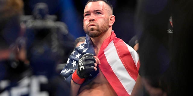 Colby Covington reacts after being called the winner over Jorge Masvidal during UFC 272 at T-Mobile Arena on March 5, 2022, in Las Vegas.