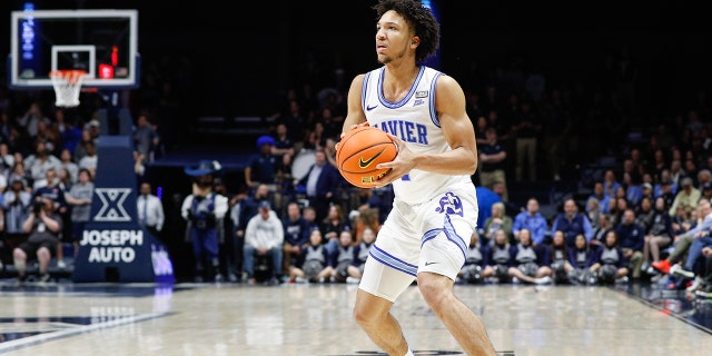 Butler Bulldogs forward Jalen Thomas (1) in action during the game against the Butler Bulldogs and the Xavier Musketeers on March 4, 2023, at the Cintas Center in Cincinnati, OH.
