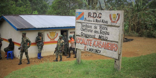 Democratic Republic of Congo Defence Forces gather in the North Kivu province village of Mukondi, on March 9, 2023.
