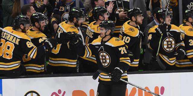 Connor Clifton, #75 of the Boston Bruins, celebrates his third period goal against the Buffalo Sabers at the TD Garden on March 2, 2023 in Boston.