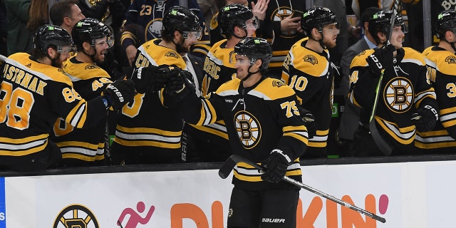 Connor Clifton, #75 of the Boston Bruins, celebrates his third period goal against the Buffalo Sabers at the TD Garden on March 2, 2023 in Boston.