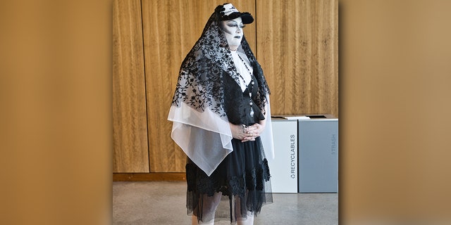 A drag queen activist is shown at the Fayetteville Public Library in Fayetteville, Arkansas, on March 17, presumably to protest Kirk Cameron's book reading for families and kids. "I felt sad for the men in skirts," said Cameron to Fox News Digital.