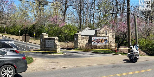 Police cordon off an area after reports of a shooting at The Covenant School, Nashville, Tennessee, on Monday, March 27, 2023.