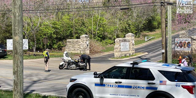 Police cordoned off the entrance to Covenant School in Nashville, Tennessee on Monday following a mass shooting.