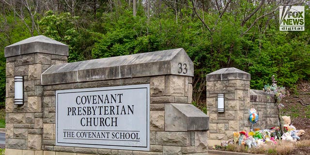 Memorials for the six victims who were killed in a mass shooting are placed outside The Covenant School in Nashville, Tennessee, on Tuesday, March 28, 2023.