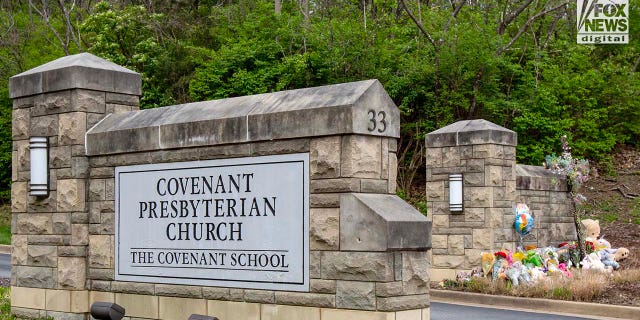 Memorials for the six victims who were killed in a mass shooting are placed outside of The Covenant School