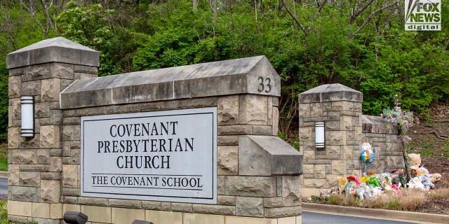 Memorials for the six victims who were killed in a mass shooting are placed outside The Covenant School in Nashville, Tennessee, on Tuesday, March 28, 2023.