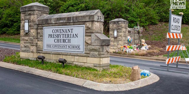 Memorials for the six victims who were killed in a mass shooting are placed outside The Covenant School in Nashville, Tennessee on Tuesday, March 28, 2023. On Monday, three adults and three children were killed inside the school.